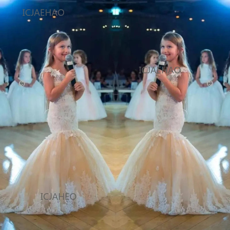 Bebê flor menina vestido crianças rendas longo noite crianças vestidos para casamento bridesmade baile de formatura sereia vestido festa formal vestidos de baile