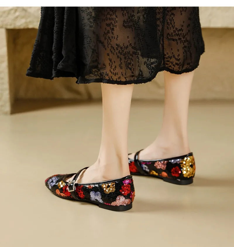 Luxo bling ballet flats feminino dedo do pé redondo colorido floral fivela design mary jane sapatos elegantes sapatos de festa conforto sandálias planas