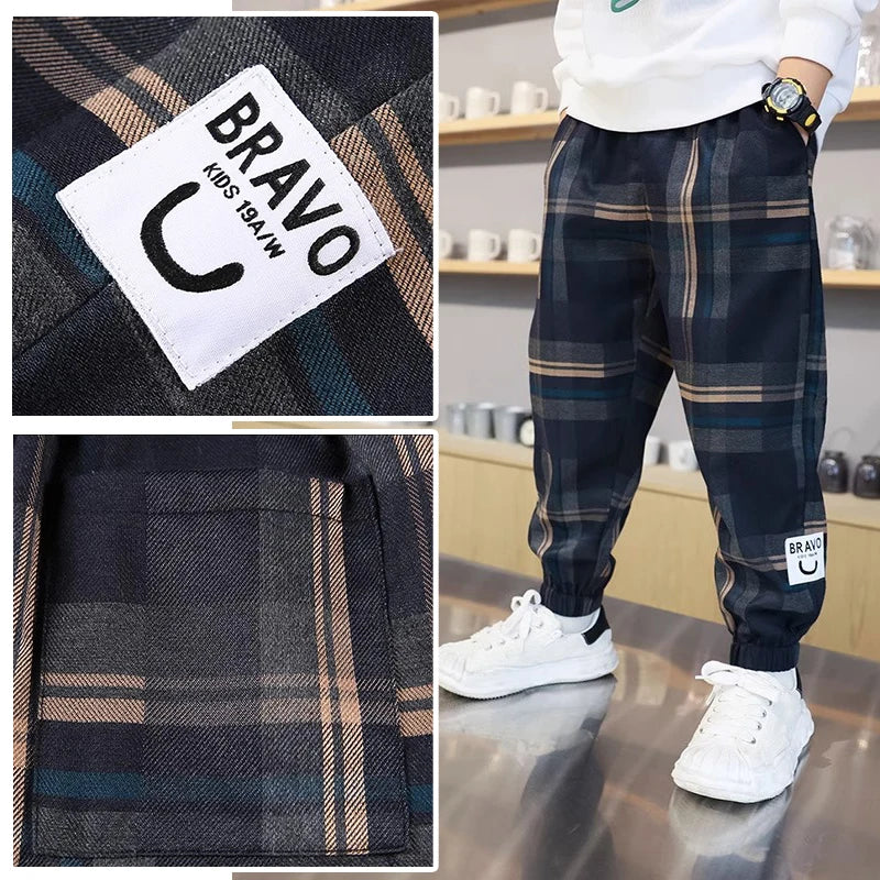 2024 moda meninos algodão xadrez calças primavera outono da criança casual crianças calças soltas moletom para adolescentes roupas