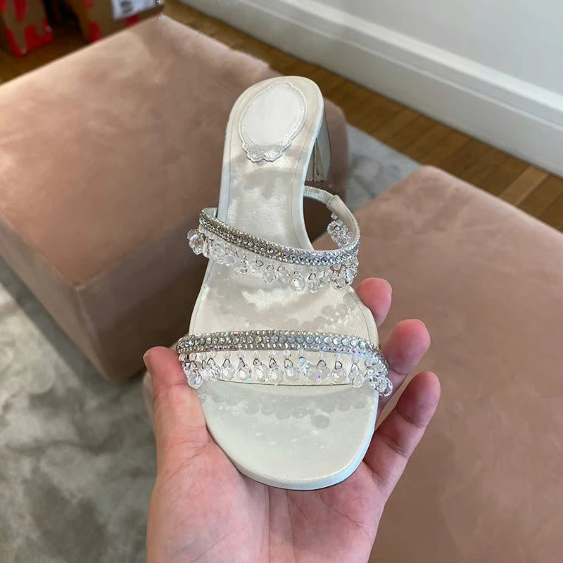 Sandálias de strass para mulheres, salto de bloco, cristal, Open Toe, salto médio, novo, verão, 2024