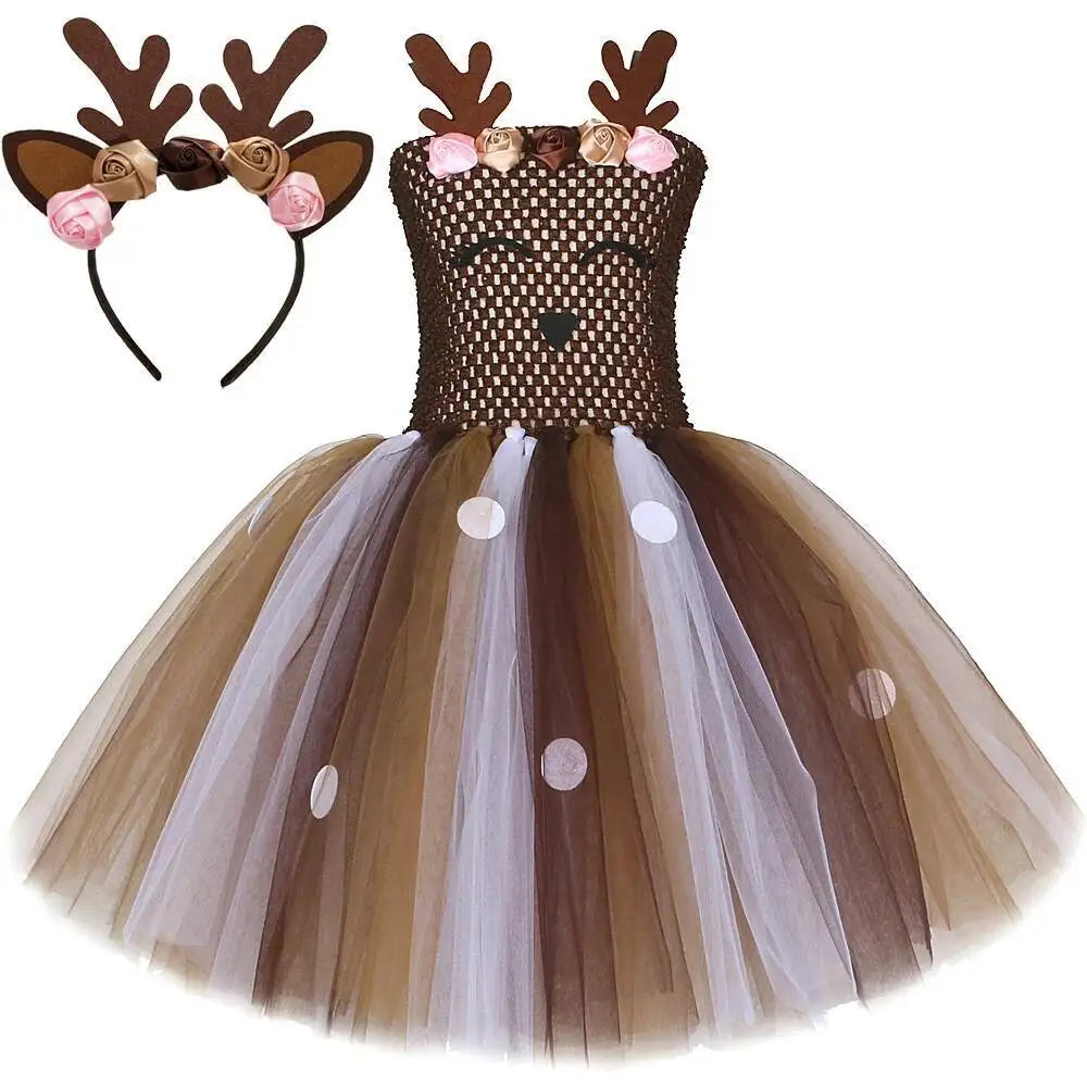 Bebê meninas trajes de veados de natal para crianças flor rena vestidos de princesa crianças natal ano novo ballet tutus outfit com arco