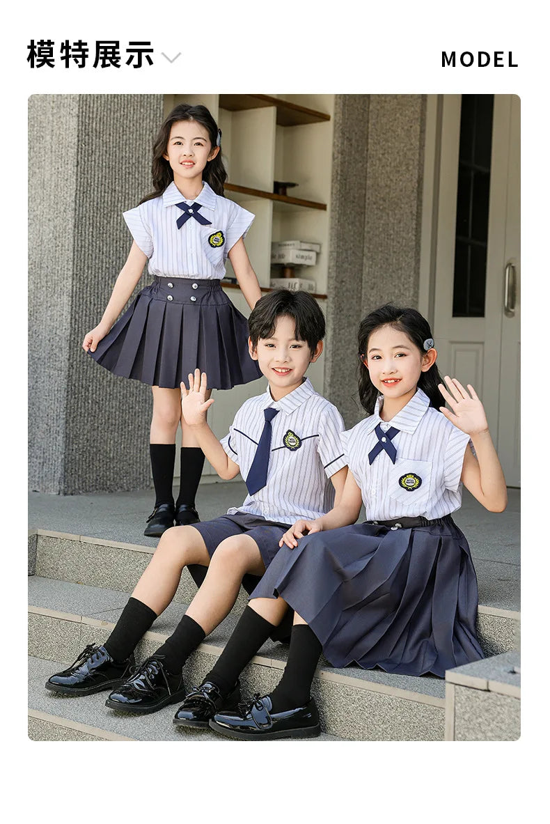 Meninas coreano japonês preppy listrado blusa saias meninos camisas shorts crianças conjuntos de roupas verão estudantes uniformes escolares