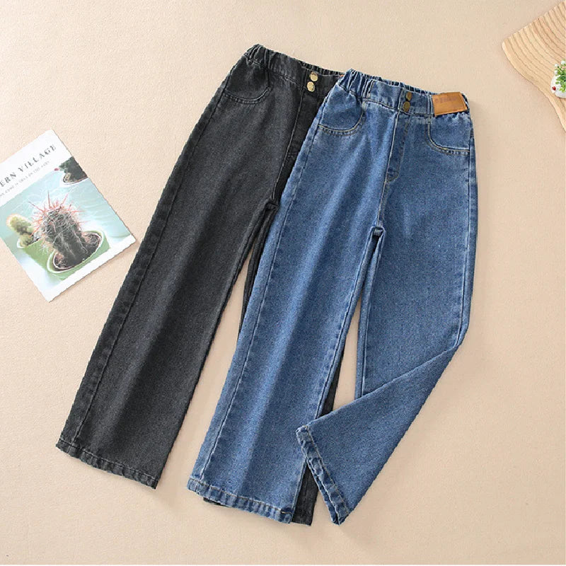 Jeans casuais soltos para meninas, calças longas retas para a escola, perna larga, para crianças de 5 a 14 anos, outono