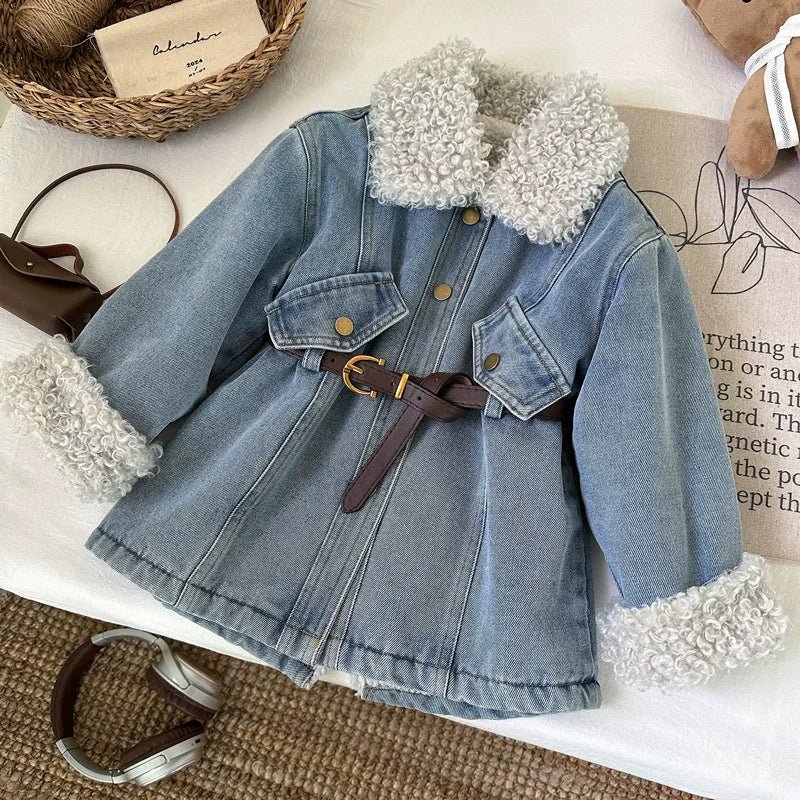 Inverno meninas grosso demin casacos bebê mais veludo quente outerwear com cinto crianças princesa projetado jaquetas longas crianças roupas