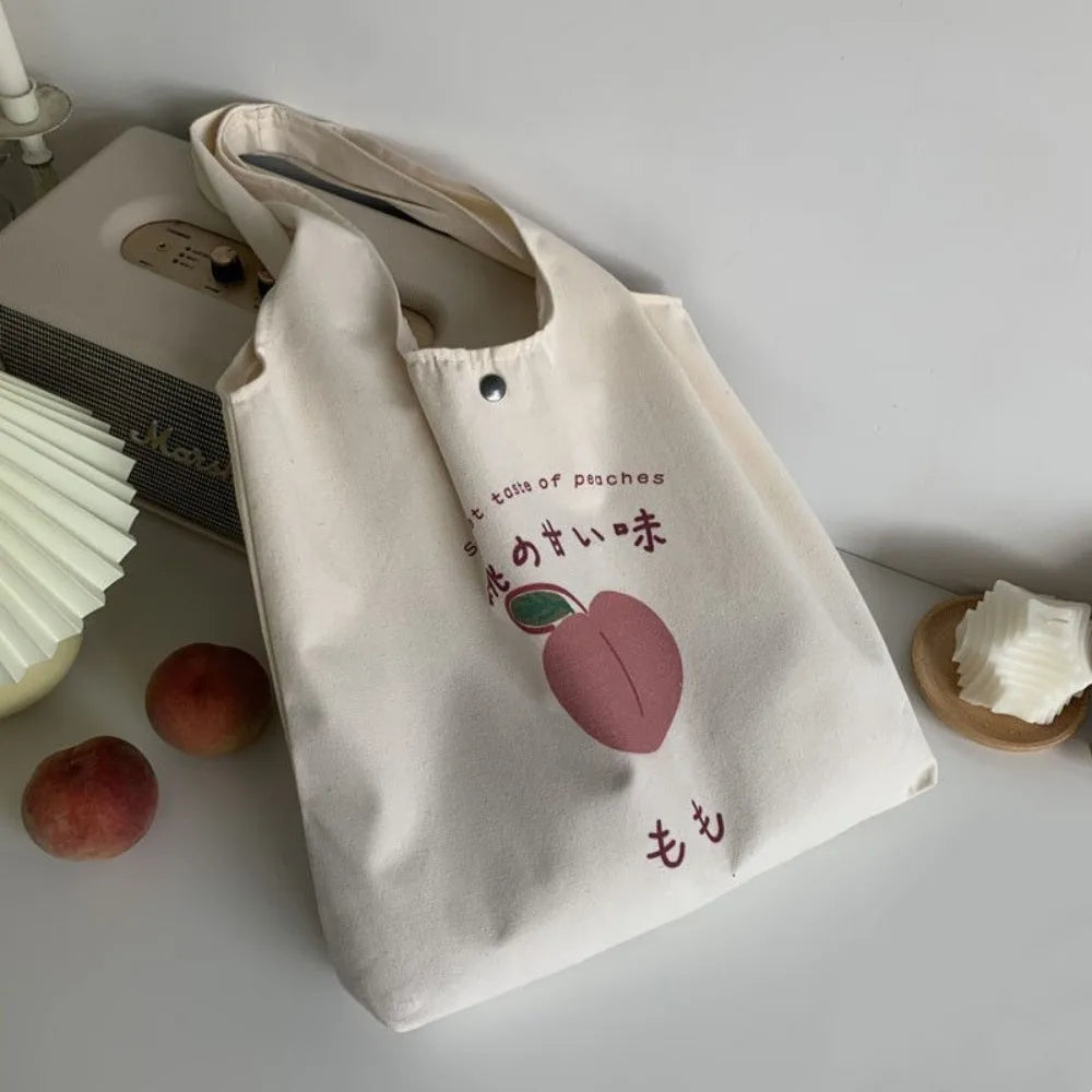 Sacola de morango bonito para meninas da escola, bolsas estéticas, bolsa Shopper Designer, mulheres Peach Print, bolsas de ombro Eco