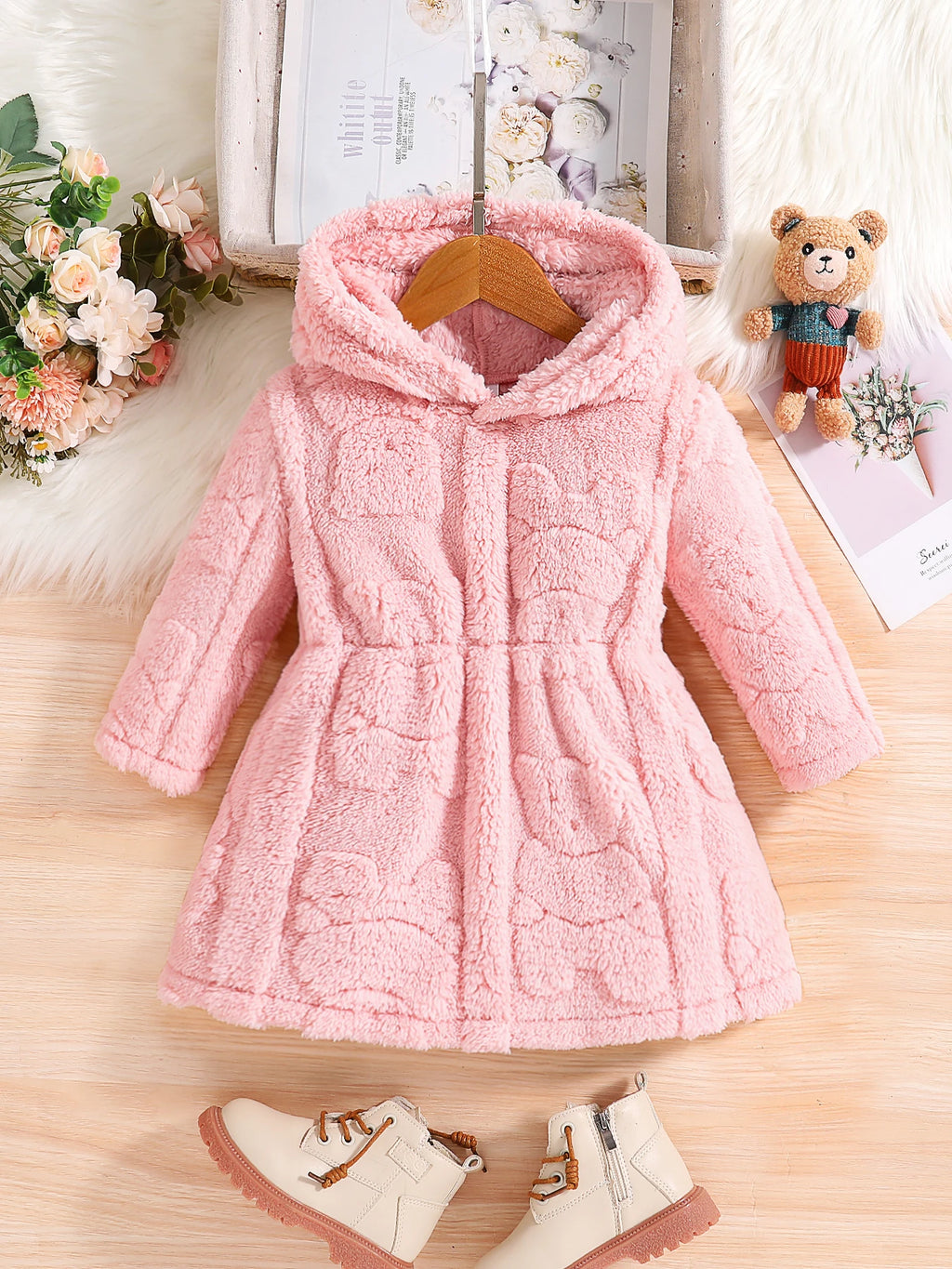 Meninas primavera e outono moda infantil casa casual quente veludo rosa casaco com capuz 4-8y1