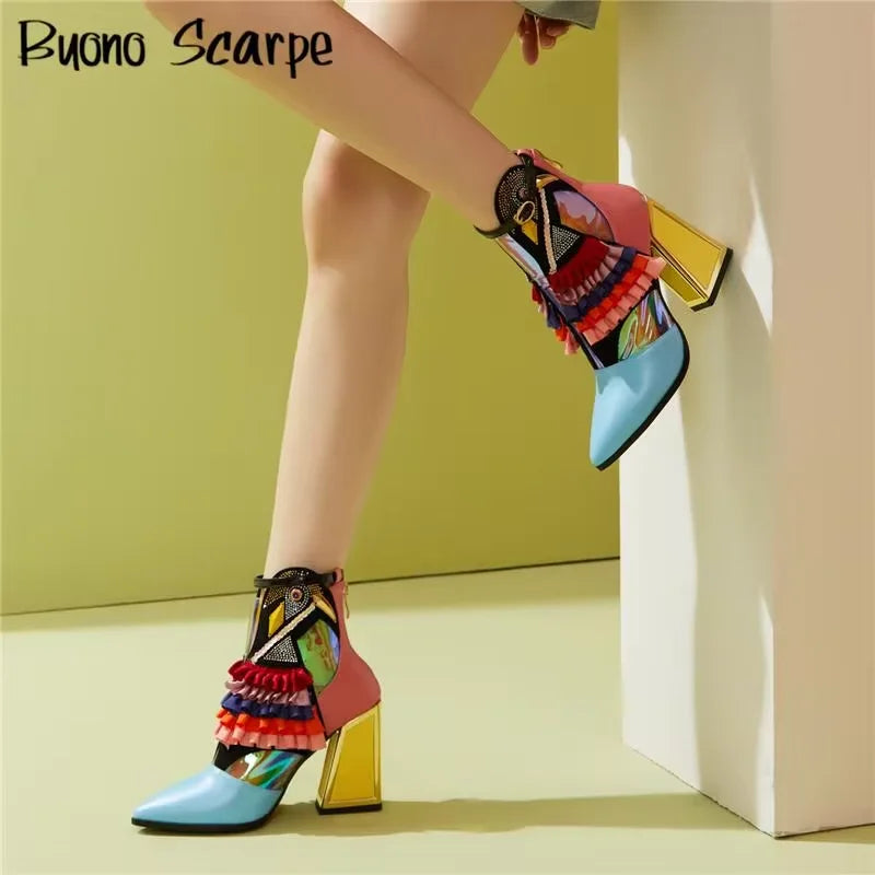 Botas femininas de cor misturada novetly dedo do pé apontado plataforma de fundo grosso botas de tornozelo feminino blingbling sapatos mujer moderna bota todos os jogos