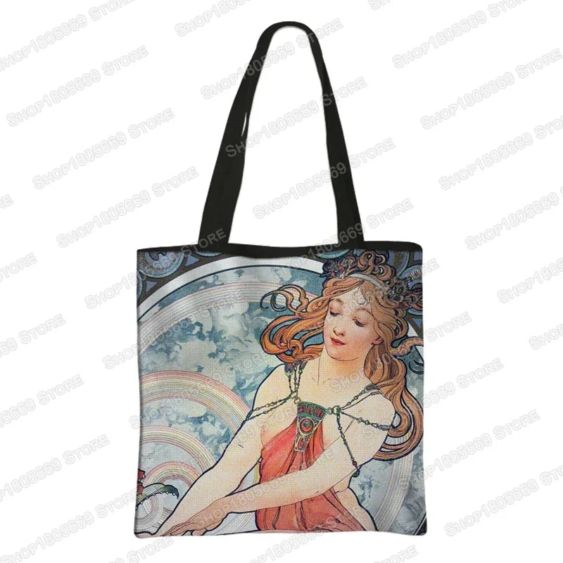 Alphonse Beauty Print Bolsa para Mulheres, Sacos De Compras De Armazenamento Reutilizável, Totes Casuais, Pintura A Óleo, Elegante Senhoras Tote