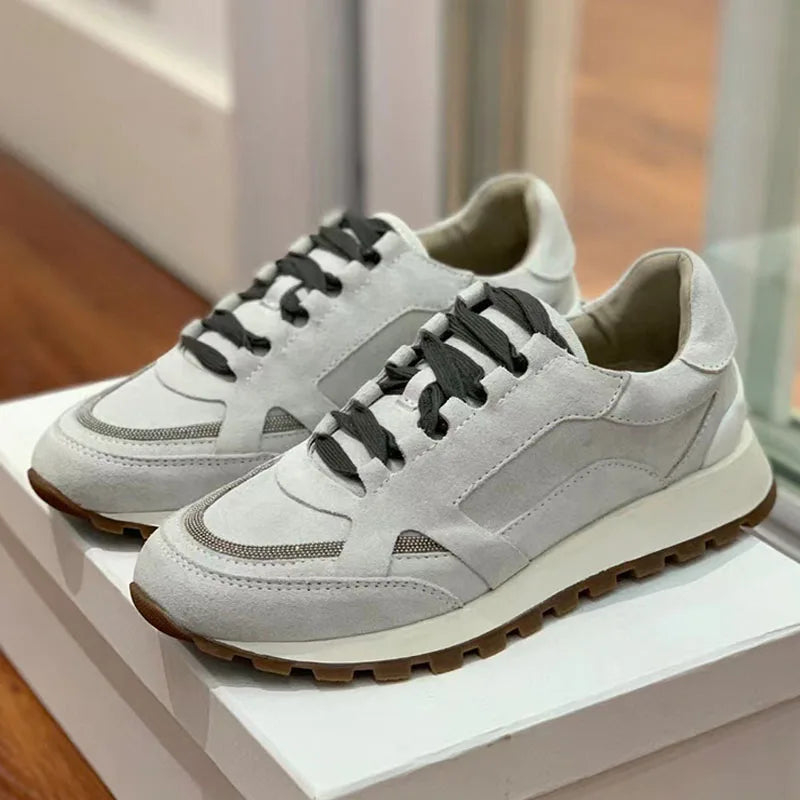 Sapatos casuais mulher dedo do pé redondo corrente corda grânulo conforto tênis de corrida senhoras camurça vaca retalhos rendas até tênis planos