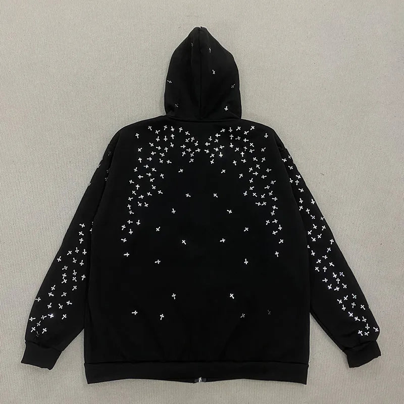 Outono inverno americano hip hop vintage manga comprida moletom com capuz gótico escuro cruz apliques decorado zíper cardigan casaco de rua alta