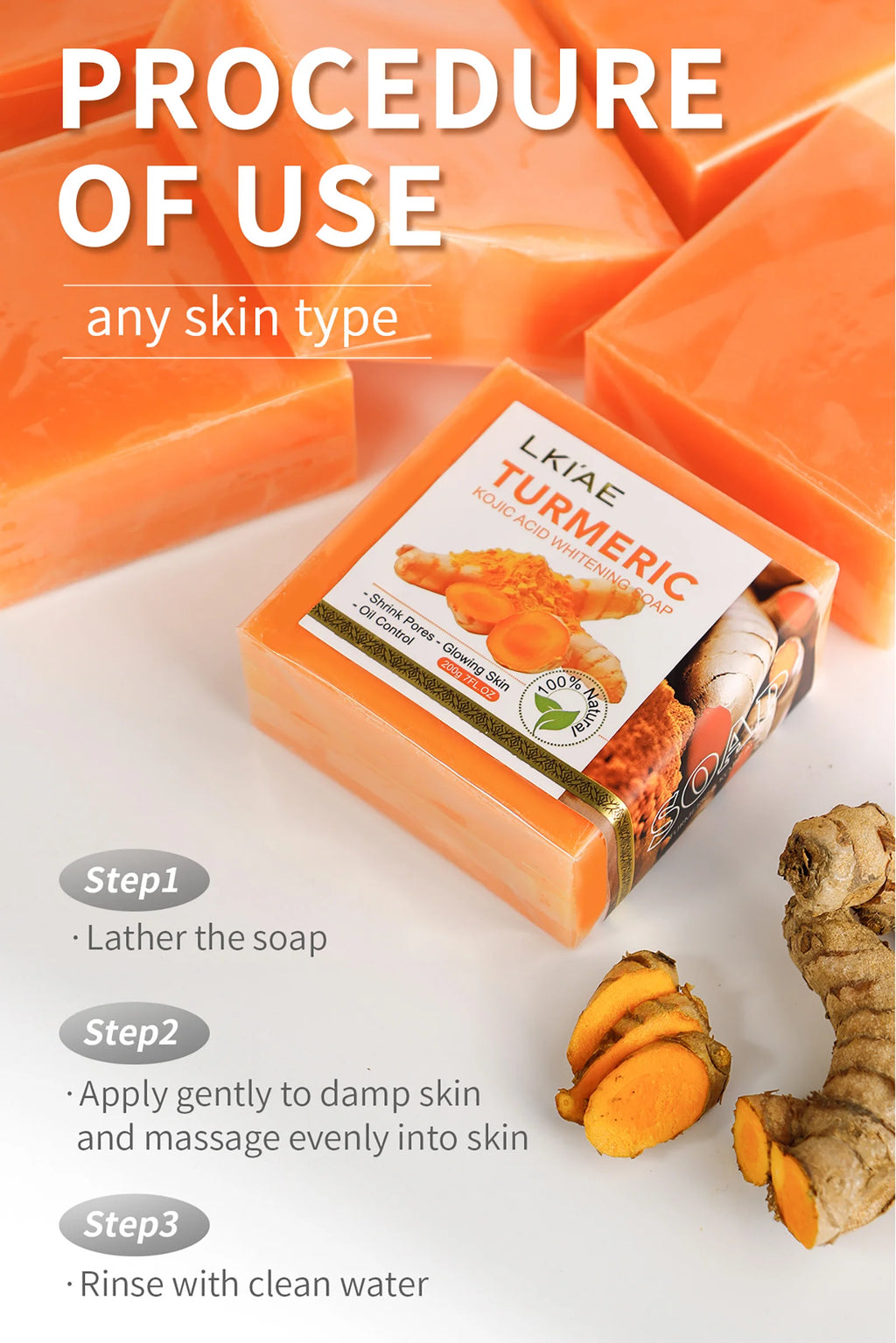 Barra de Sabão Clareadora Natural de Cúrcuma, Limpa a Pele, Remove Manchas Escuras, Acne, Hiperpigmentação, Deixa a Pele Lisa, Para Rosto e Corpo, 200g