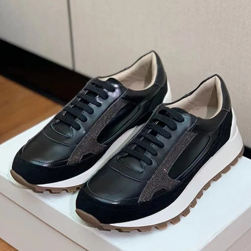 Sapatos casuais mulher dedo do pé redondo corrente corda grânulo conforto tênis de corrida senhoras camurça vaca retalhos rendas até tênis planos