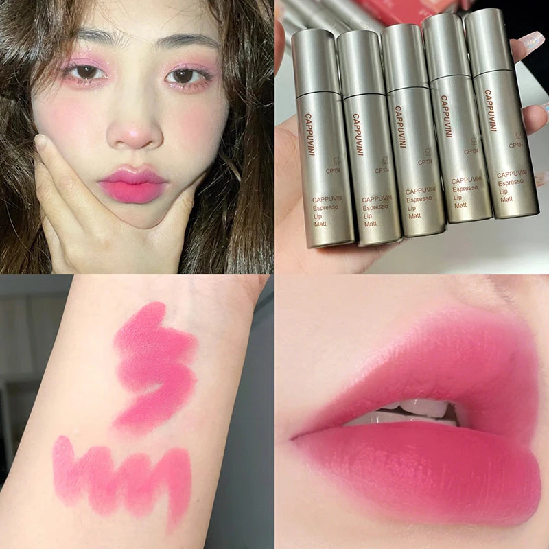 Batom fosco de veludo vermelho escuro, à prova d'água, longa duração, fosco, brilho labial, copo antiaderente, maquiagem labial, maquiagem cosmética