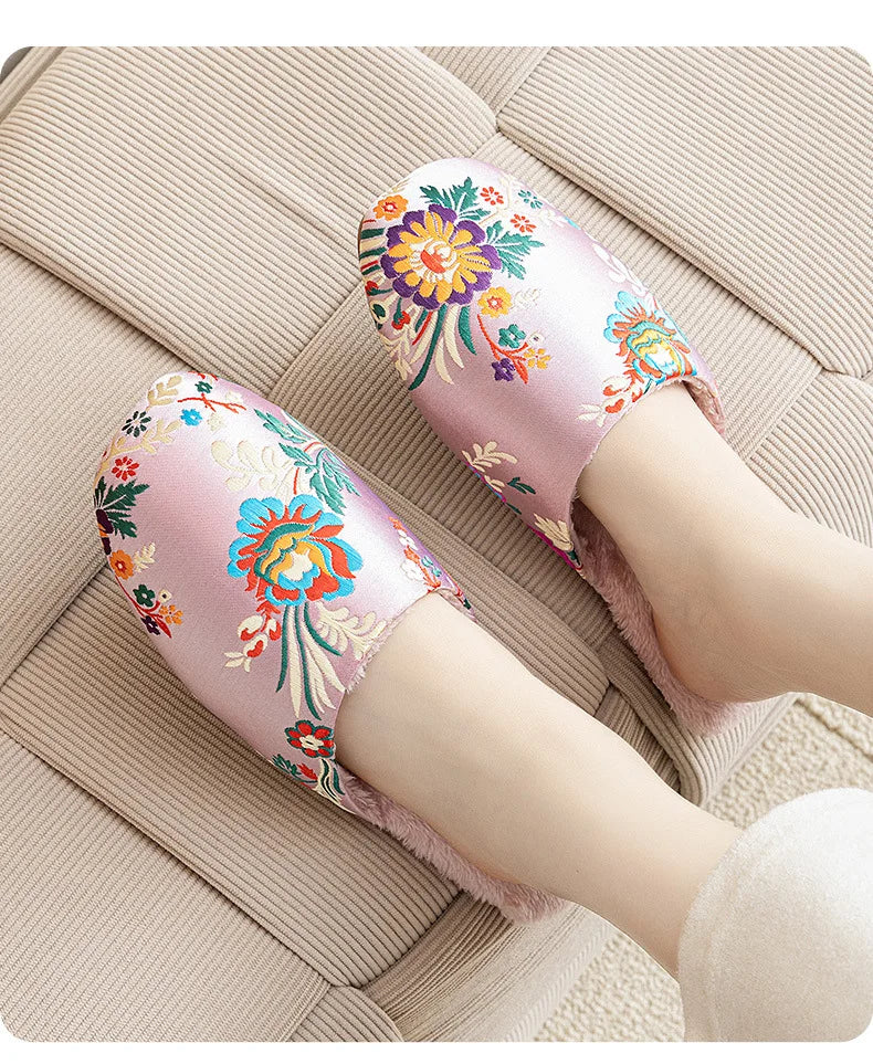Chinelos de casa femininos homens inverno calor chinelos interiores senhoras sapatos bordados flor chinelos para mulher sapatos de casa
