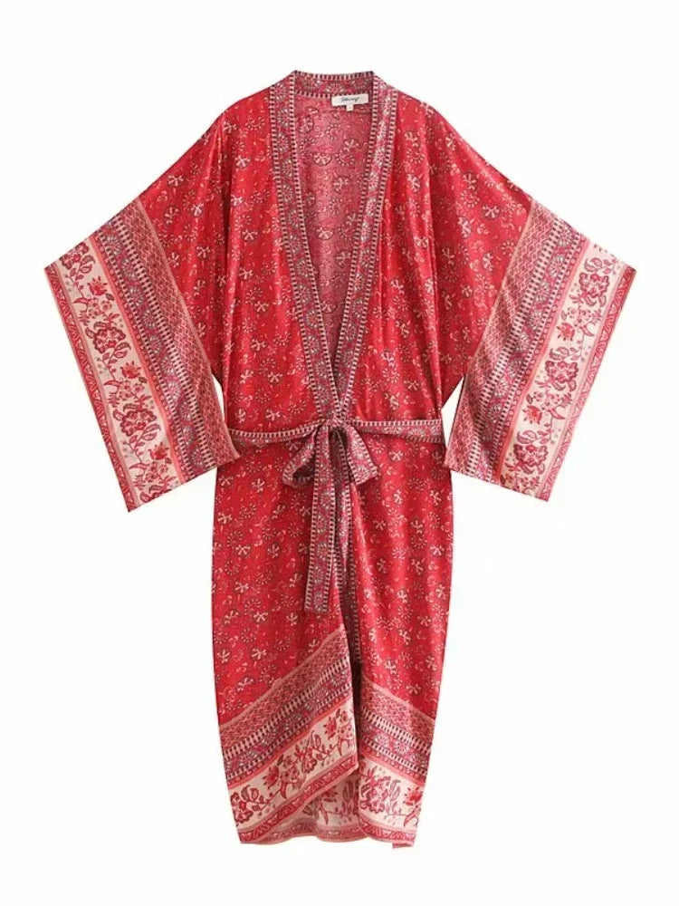 Vintage chique feminino floral impressão batwing manga praia boêmio quimono vestido senhoras com decote em v verão boho robe cover-ups vestidos