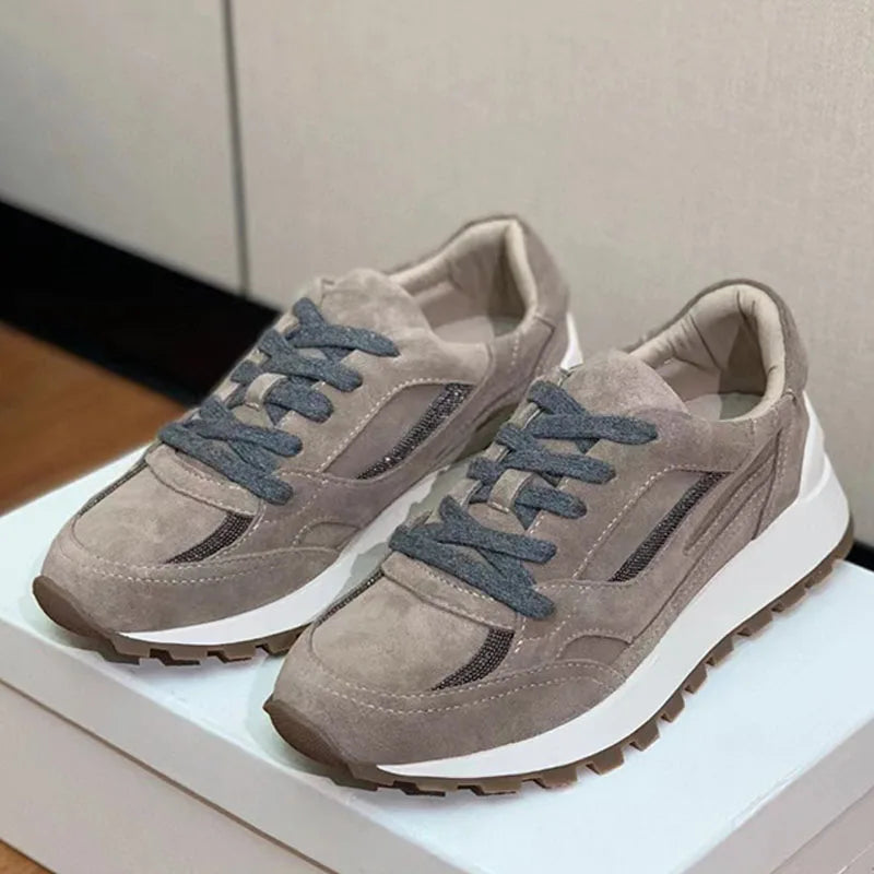 Sapatos casuais mulher dedo do pé redondo corrente corda grânulo conforto tênis de corrida senhoras camurça vaca retalhos rendas até tênis planos