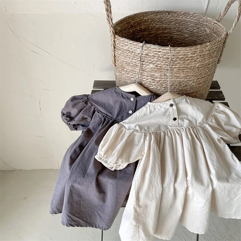 Vestidos de Algodão para Meninas Bebê Estilo Coreano Verão 2026 com Mangas Bufantes em Cores Sólidas