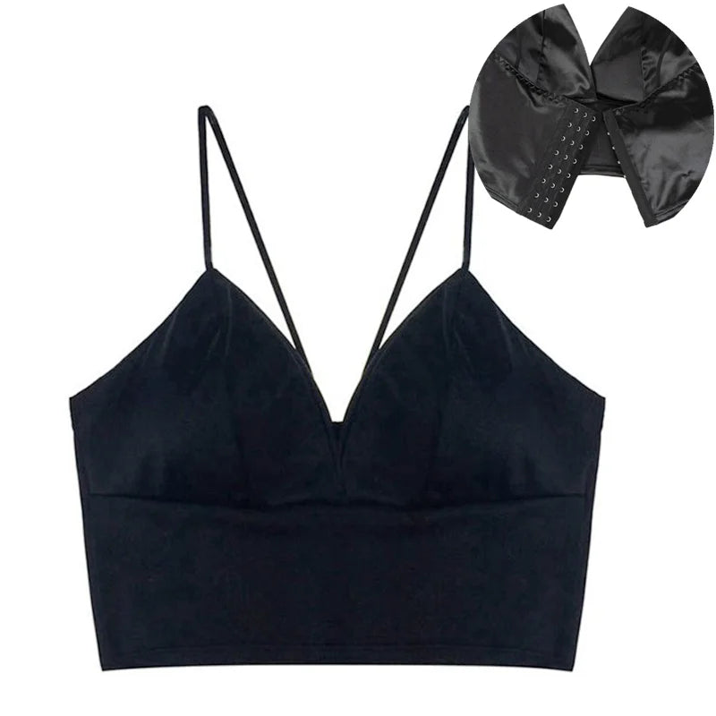 Sexy tops de cetim para mulheres, bralette sem fio, top de crochê, alça de espaguete feminina, camiseta cortada com peito, camisola acolchoada