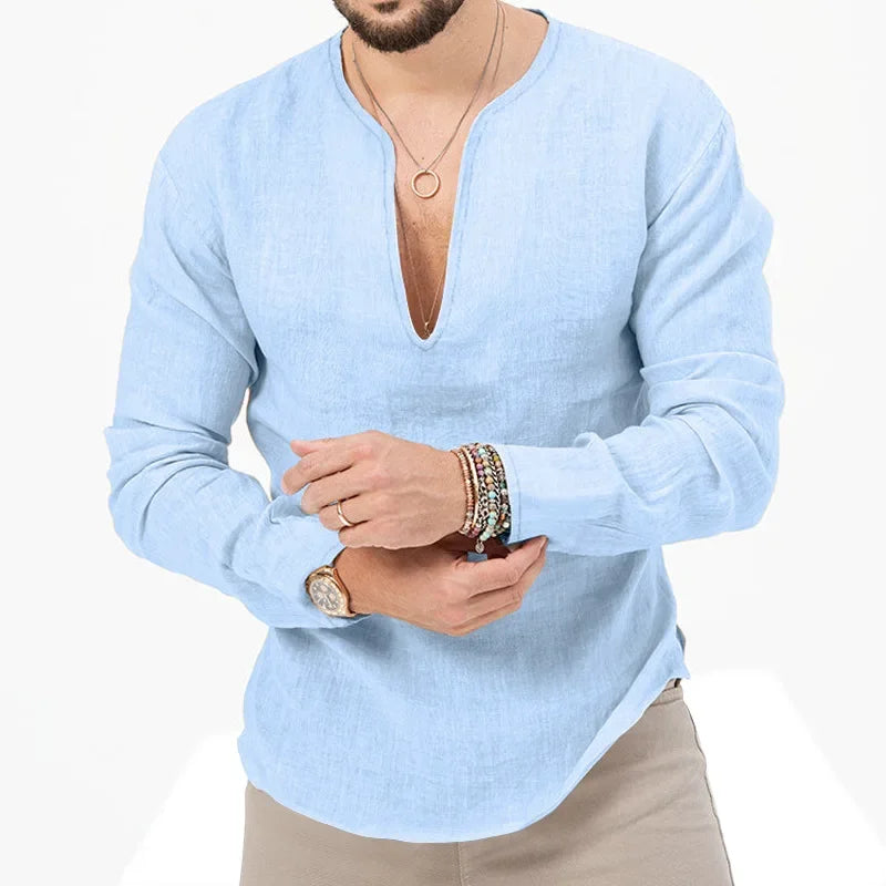 Camiseta Masculina de Linho de Manga Longa 2026 Henry, Slim Fit, Cor Sólida, Tamanho Grande Europeu e Americano, Gola V Profunda