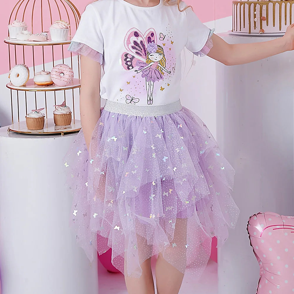 Vikita meninas borboleta lantejoulas tutu vestido crianças malha tule irregular roxo casual princesa festa de formatura vestido crianças roupas