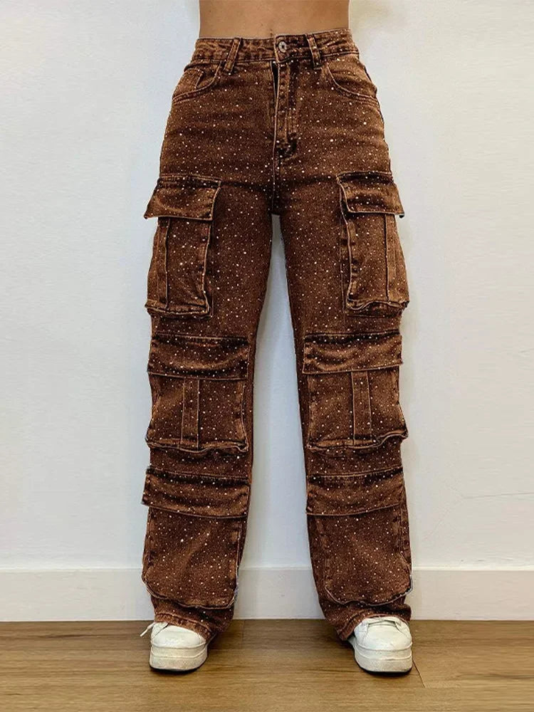 Cpsymym jeans de trabalho feminino com broca brilhante chique vários bolsos botão de cintura alta feminino jean primavera verão y2k senhora streetwear