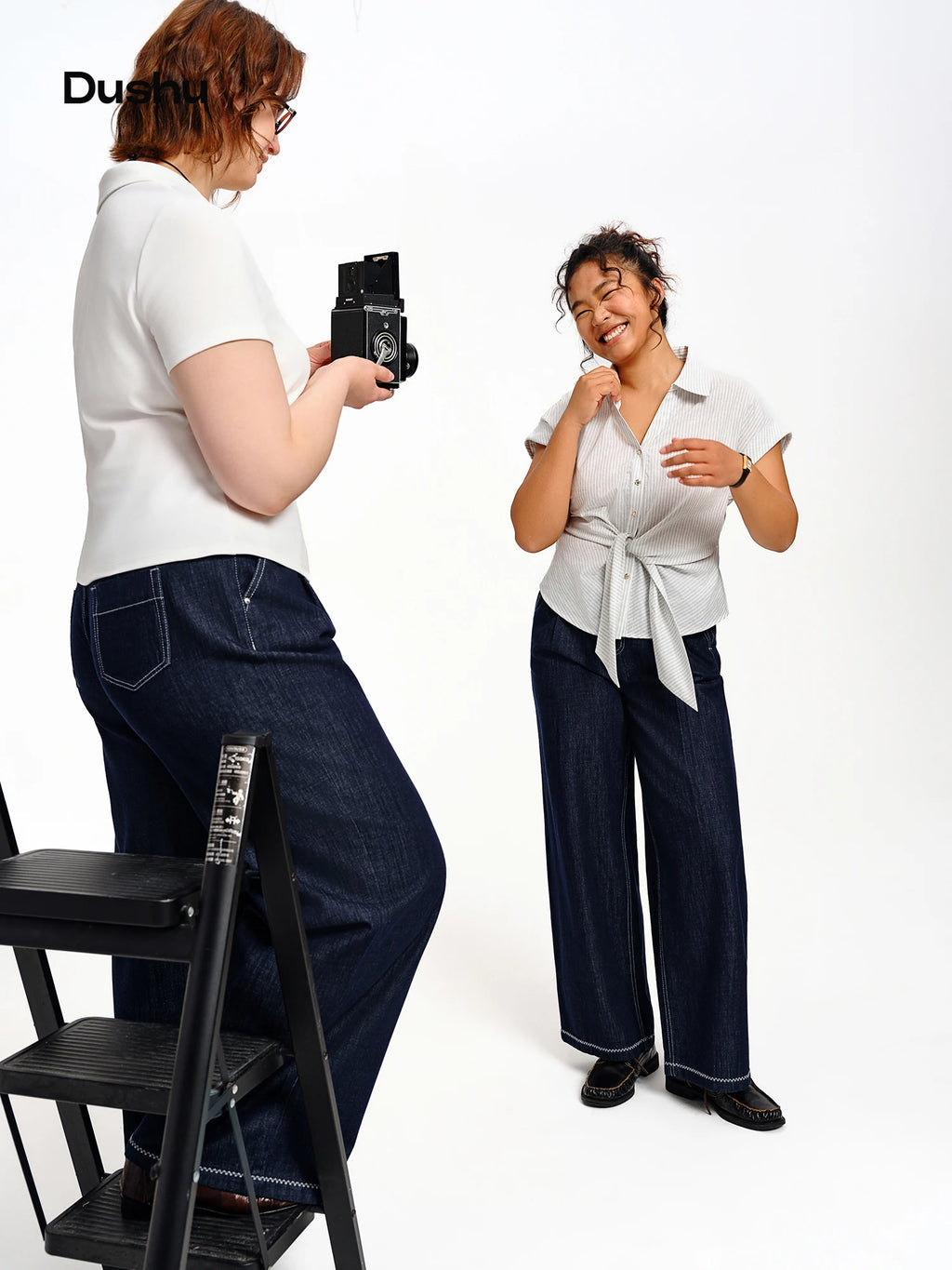 DUSHU 2026 Calça Jeans Feminina de Cintura Alta com Costura Contrastante e Perna Reta - Calça Casual para Uso Diário e Deslocamento