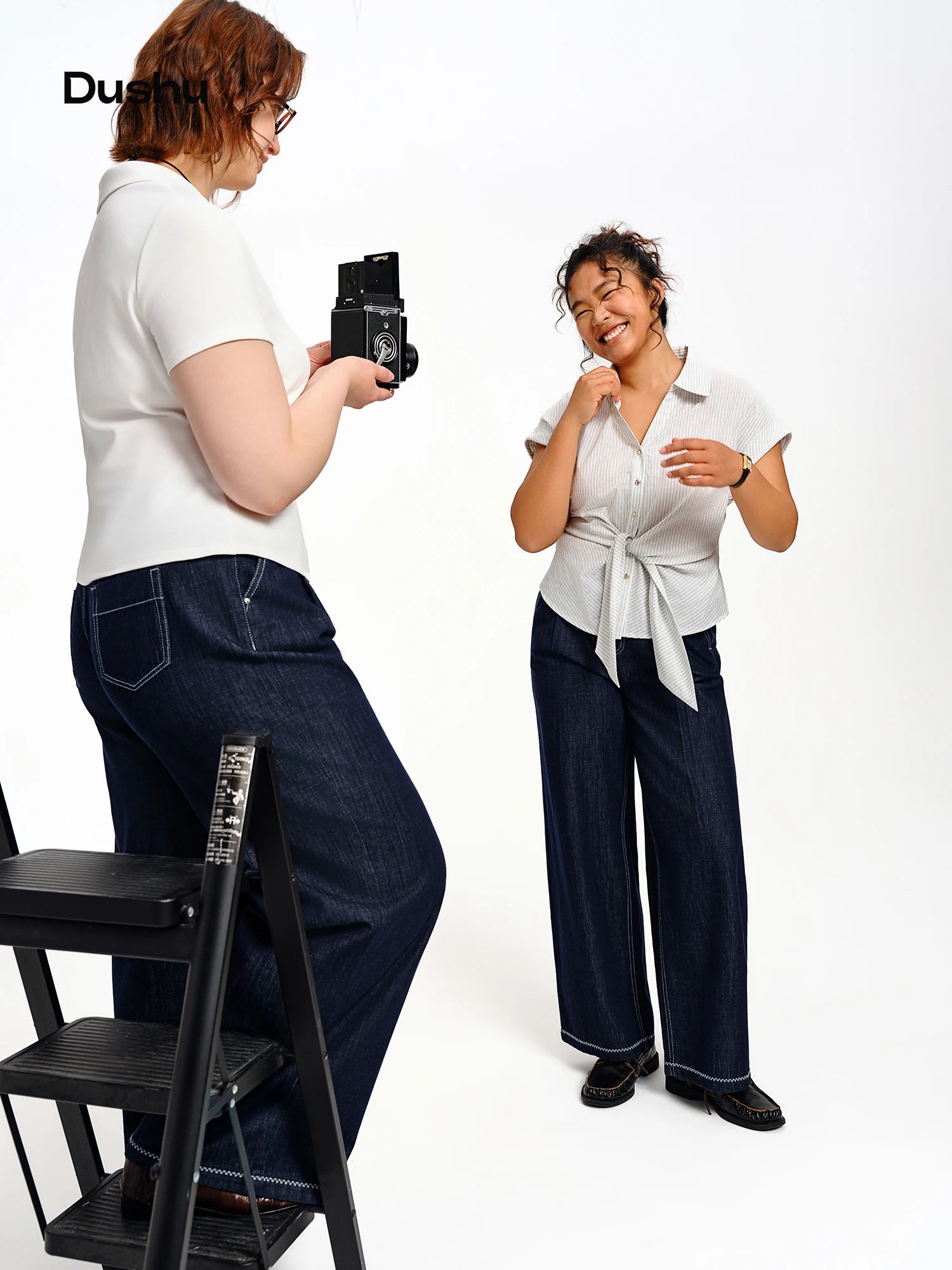 DUSHU 2026 Calça Jeans Feminina de Cintura Alta com Costura Contrastante e Perna Reta - Calça Casual para Uso Diário e Deslocamento