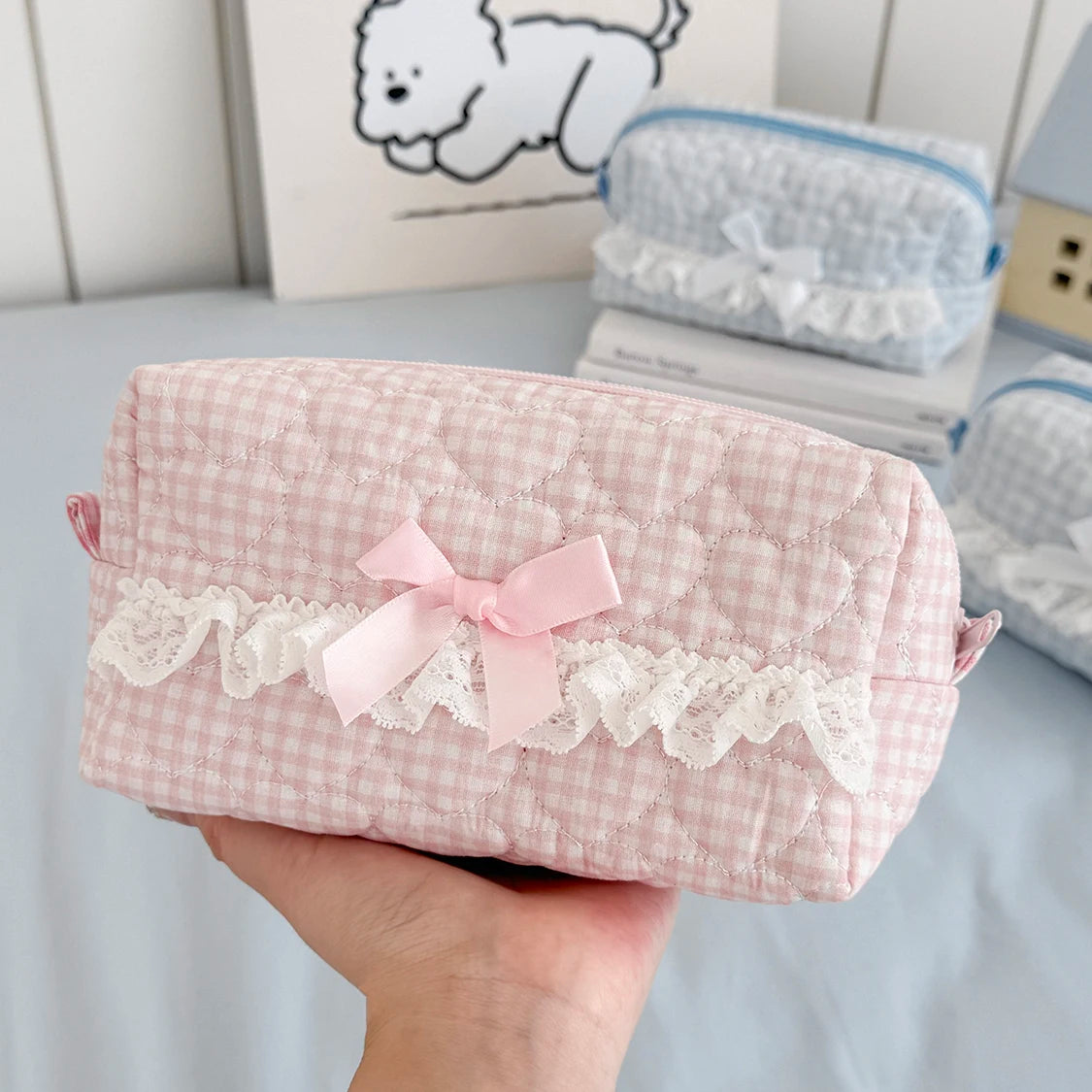 Nova moda laço arco bolsa de maquiagem feminina grande capacidade bolsa de armazenamento de cosméticos portátil organizador de viagem saco quadrado com zíper