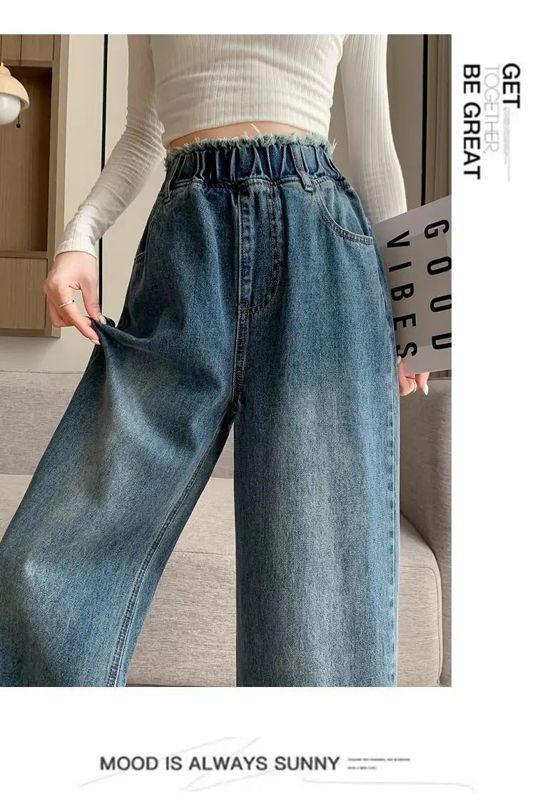 Calças jeans de tamanho grande femininas trilha reta perna larga solta cintura alta fina renda borla calças superiores