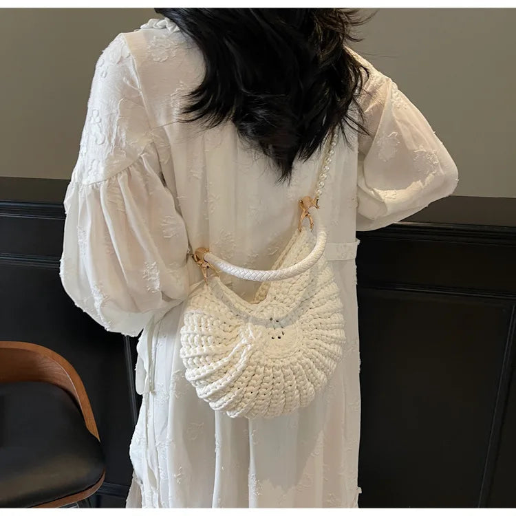Criativo concha em forma de crochê feminino ombro sacos engraçado bonito pérolas correntes artesanal tecer crossbody saco novidade pequenas bolsas