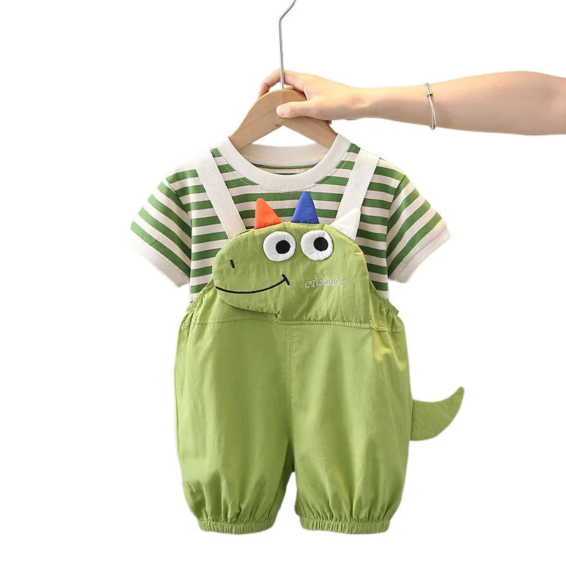 Verão crianças meninos roupas da criança casual dinossauro roupas tiras t camisa dos desenhos animados babador calças curtas 2 pçs/set crianças terno conjuntos