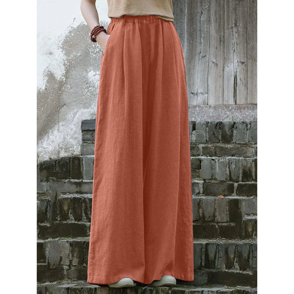 Calças de linho largas femininas casuais boêmias soltas e fluidas calças palazzo verão primavera