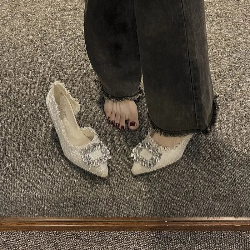 Salto estilete para mulheres, sandálias de strass, botão quadrado, sapatos de casamento, moda feminina, branco, 2024