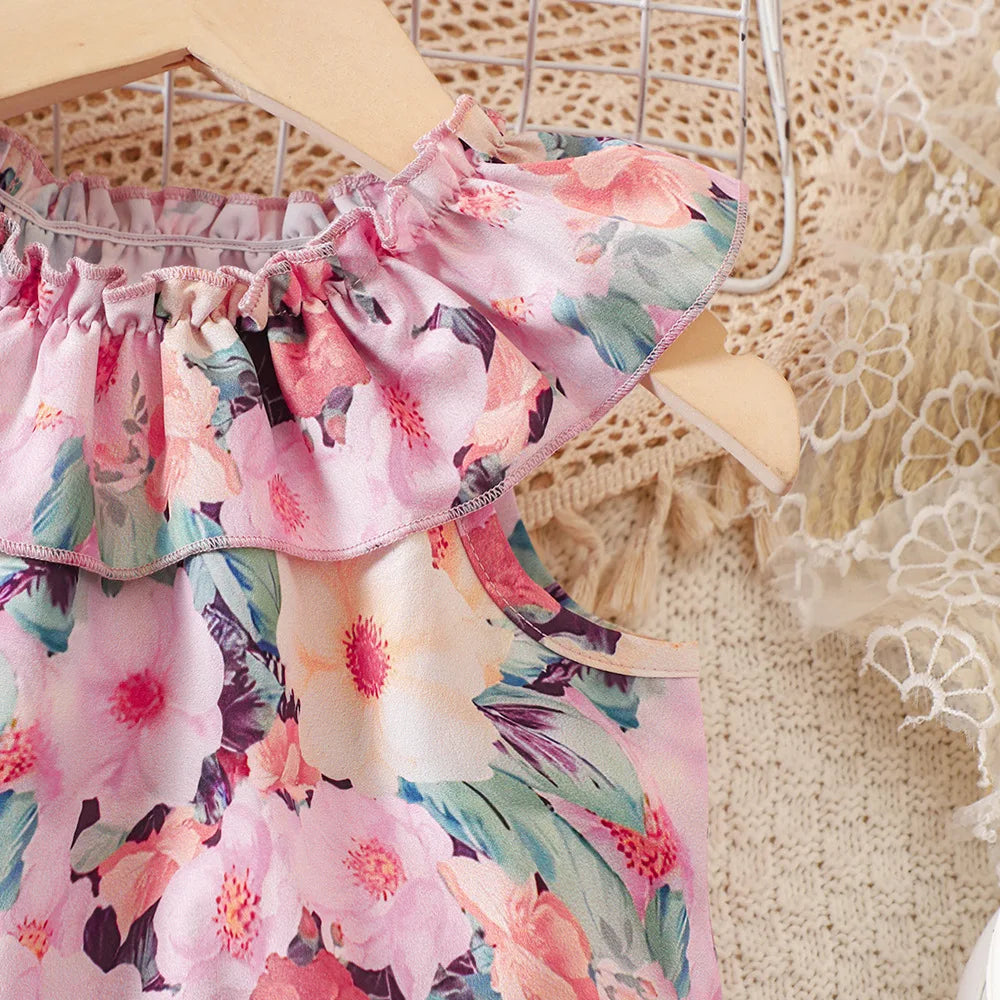 Conjuntos de Roupas Casuais de Verão para Meninas 2026 Novo Conjunto Infantil com Estampa Floral e Babados, Blusas e Calças Curtas, Moda para Crianças de 1 a 8 Anos