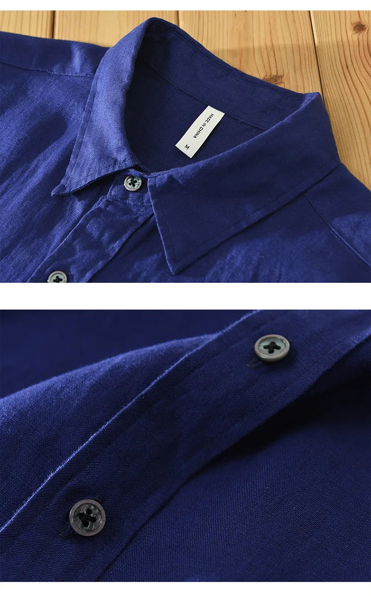 Camisa de linho de manga curta masculina, camisa respirável solta, camisa casual artística, monocromática, verão