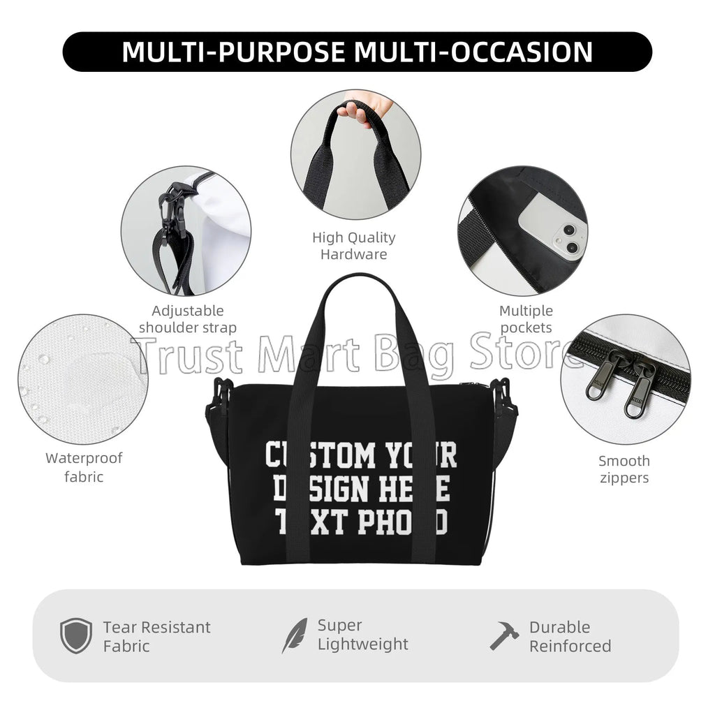 Personalize seu design texto foto impressão duffle sacos personalizado durável fim de semana durante a noite saco para mulheres homens saco de bagagem de viagem
