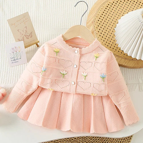 2025 novo outono 0-5yrs bebê meninas conjunto de roupas manga comprida malha cardigan casaco + saia curta crianças roupas de malha terno