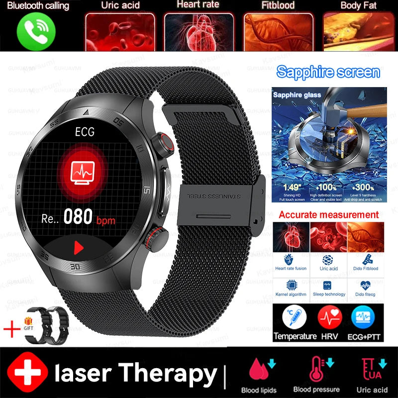 2025 novo tratamento a laser corpo e coração relógio inteligente masculino ecg + ppg ácido úrico gordura no sangue bluetooth chamada rastreador de saúde relógios inteligentes