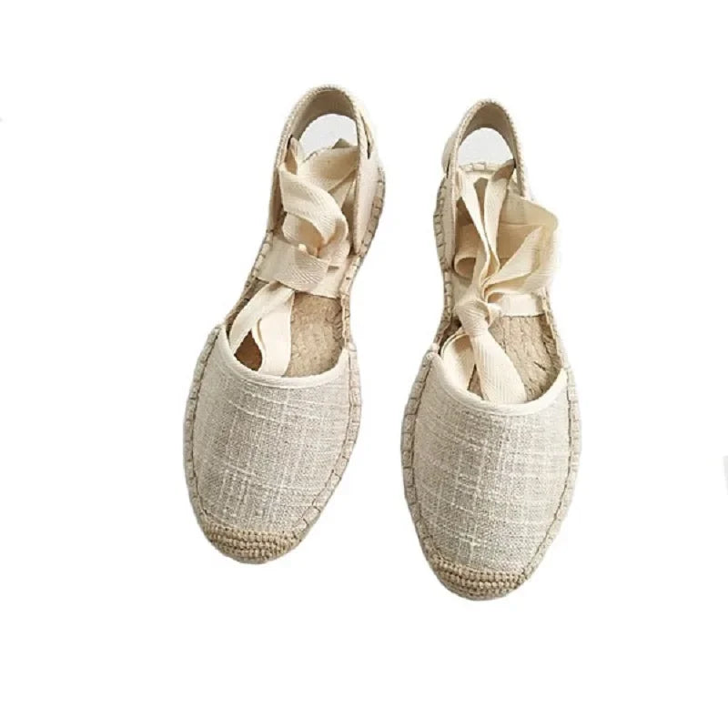 2026 Novas Sandálias Femininas Rasteiras com Sola de Corda de Cânhamo, Estilo Pescador com Tiras, de Amarrar, para Primavera e Verão, para Estudantes