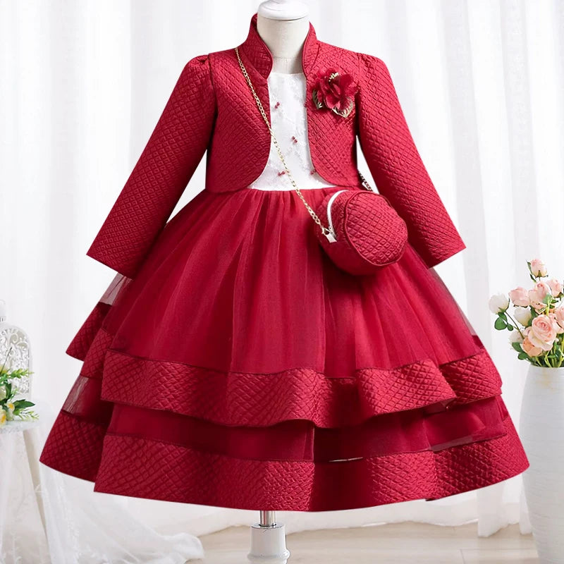 Novo outono/inverno vestido de festa de manga longa elegante menina bordado vestido de desempenho de natal saco de presente para crianças de 3 a 11 anos