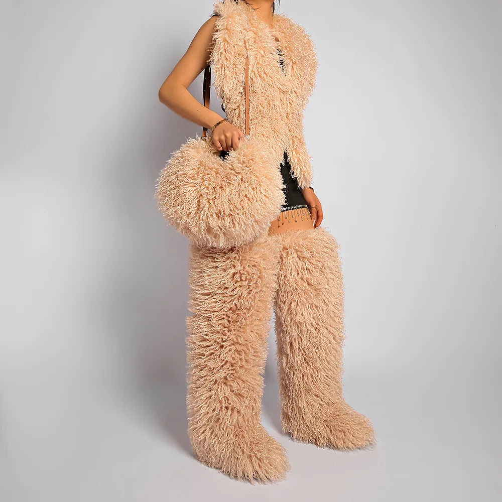 Moda feminina longa pele lã saco praia falso lã pele bolsa de ombro senhoras peles falsas bolsa luxo mongol ovelhas sacos de pelúcia