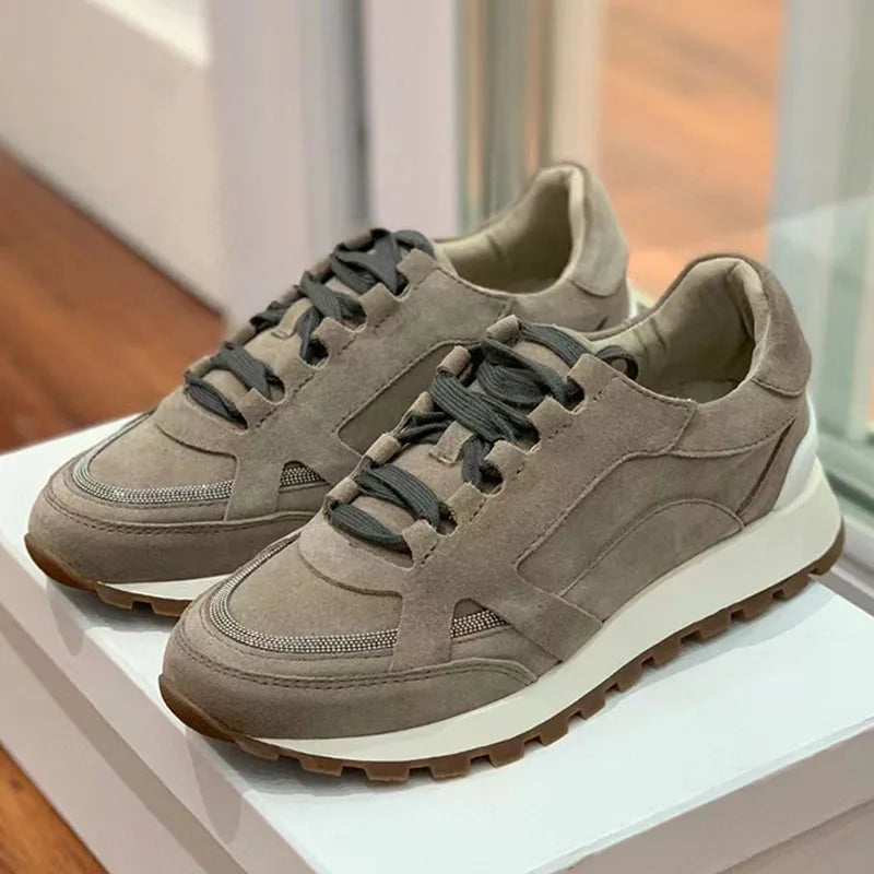 Sapatos casuais mulher dedo do pé redondo corrente corda grânulo conforto tênis de corrida senhoras camurça vaca retalhos rendas até tênis planos