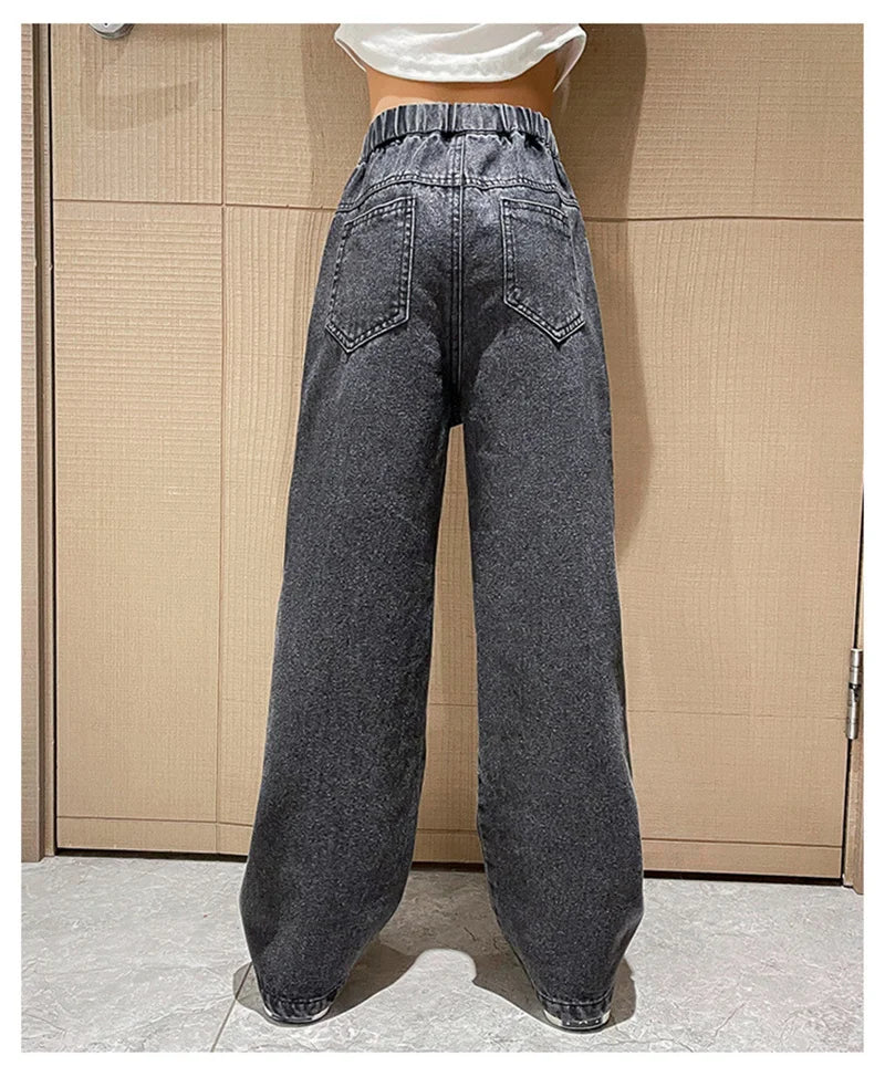 Jeans casuais soltos para meninas, calças longas retas para a escola, perna larga, para crianças de 5 a 14 anos, outono