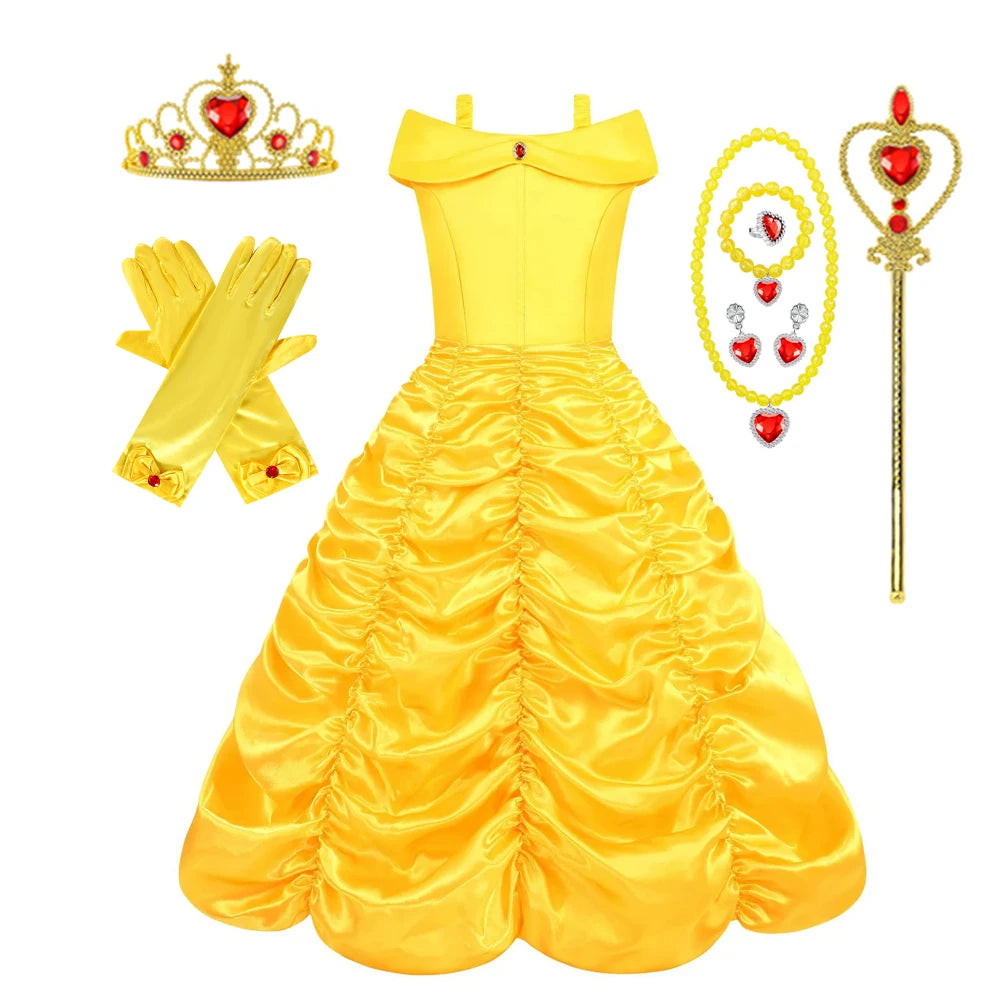 Belle traje menina princesa vestido amarelo halloween bela e a fera trajes meninas festa de aniversário crianças roupas vestido