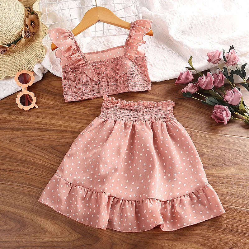 Conjunto de roupas para meninas 5-12t tricolor opcional manga voadora gola quadrada colete top + saias de renda crianças meninas conjunto de roupas de bebê