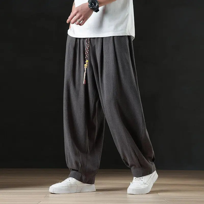 Calça masculina casual de linho verão leve solta de perna reta