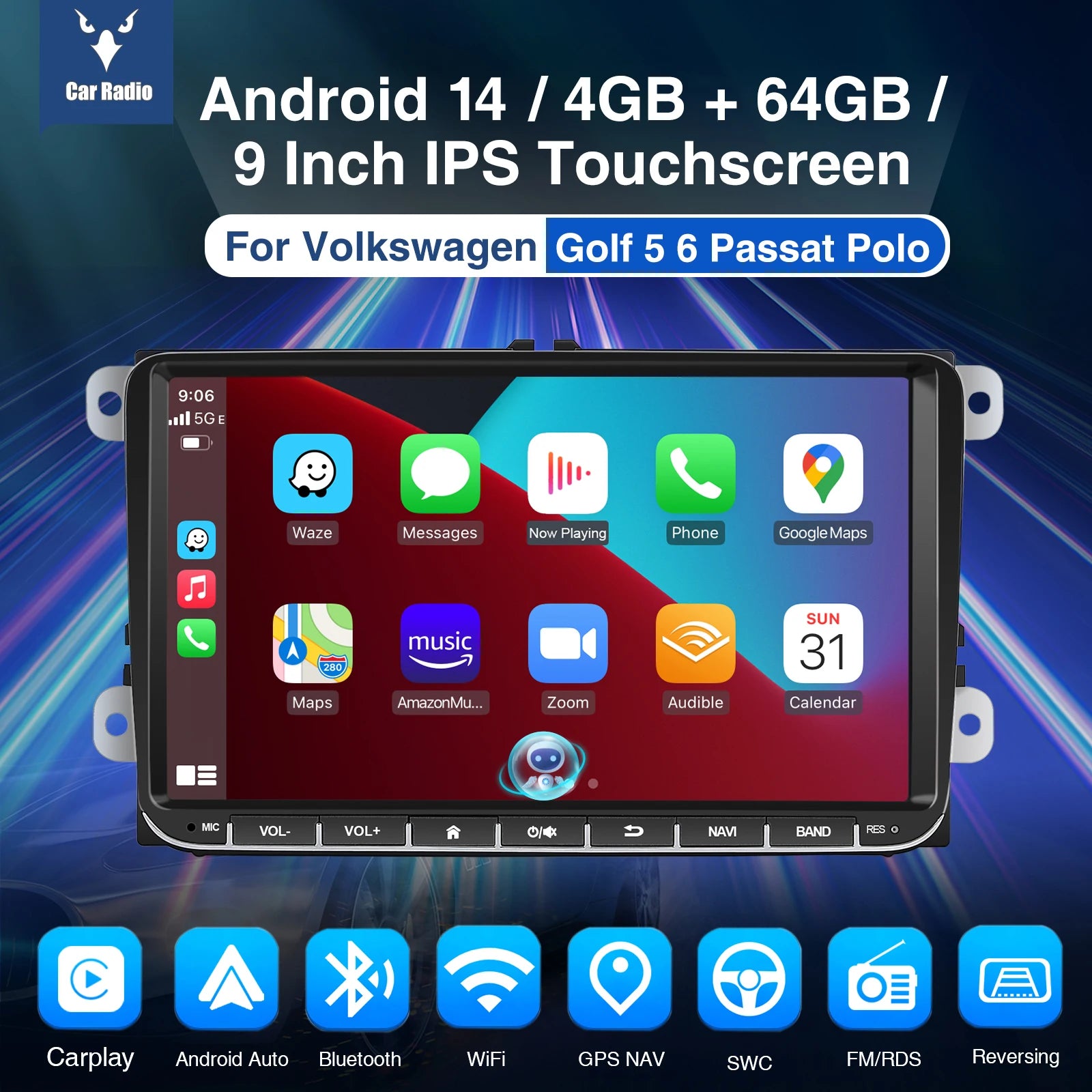 Essgoo 9 "android 14 4g + 64g Wireless  carplay carro estéreo gps navi wifi rds fm bt para vw golf 5 6 passat polo touran tiguan caddy eos