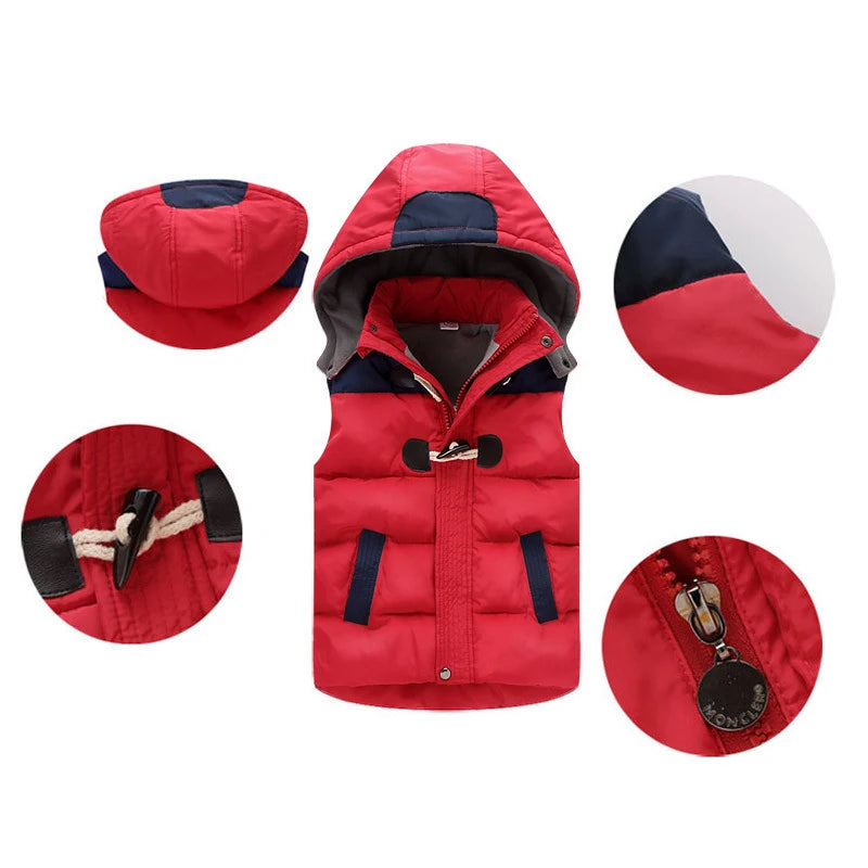 Jaqueta infantil sem mangas com capuz, coletes infantis, colete quente infantil, roupas de algodão, roupas de menino e menina, inverno, 2024