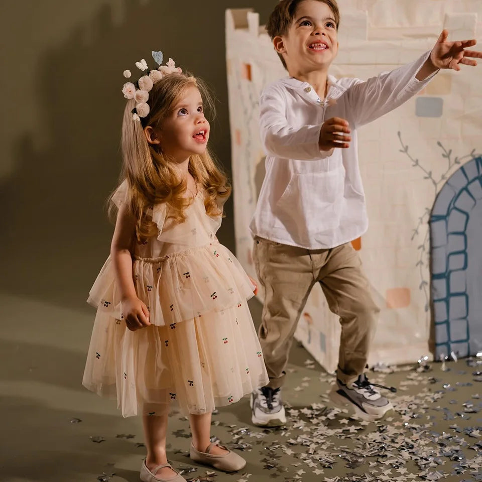 Verão ks bebê meninas cereja malha vestido crianças roupas meninas vestidos de princesa saias festa de natal manga longa vestidos