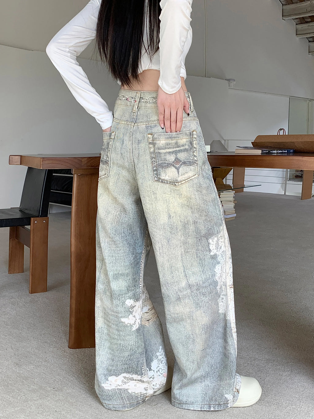Calças de brim largas cinza femininas y2k diamantes decorativos calças de rua alta harajuku menina quente 2000 estilo retro calças jeans roupas